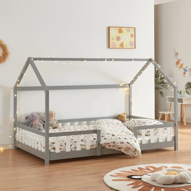 [en.casa] Kinderbett Montessori Hausbett Kiefernholz mit Rausfallschutz und Lattenrost für Kinder Bodenbett Weißh