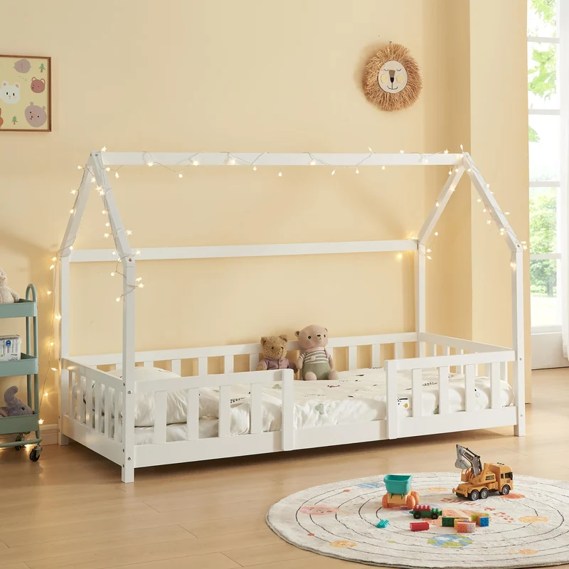 [en.casa] Kinderbett Montessori Hausbett Kiefernholz mit Rausfallschutz und Lattenrost für Kinder Bodenbett Weißh