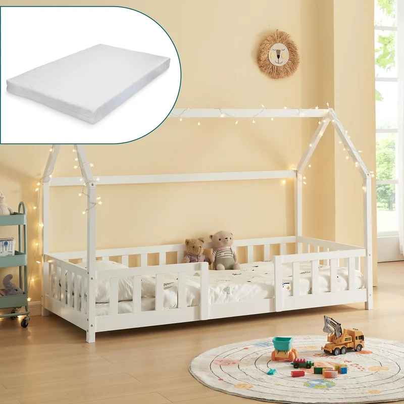 [en.casa] Kinderbett Montessori Hausbett Kiefernholz mit Rausfallschutz und Lattenrost für Kinder Bodenbett Weißh