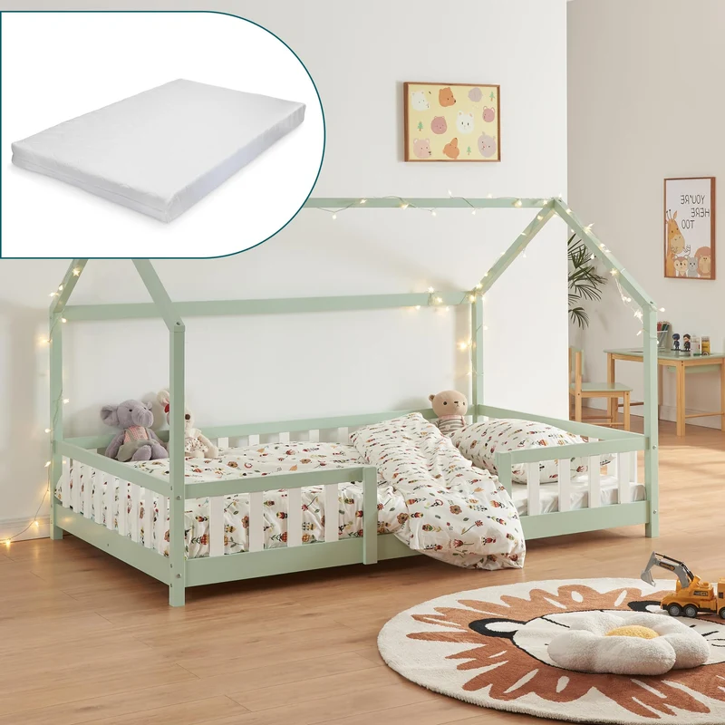 [en.casa] Kinderbett Montessori Hausbett Kiefernholz mit Rausfallschutz und Lattenrost für Kinder Bodenbett Weißh