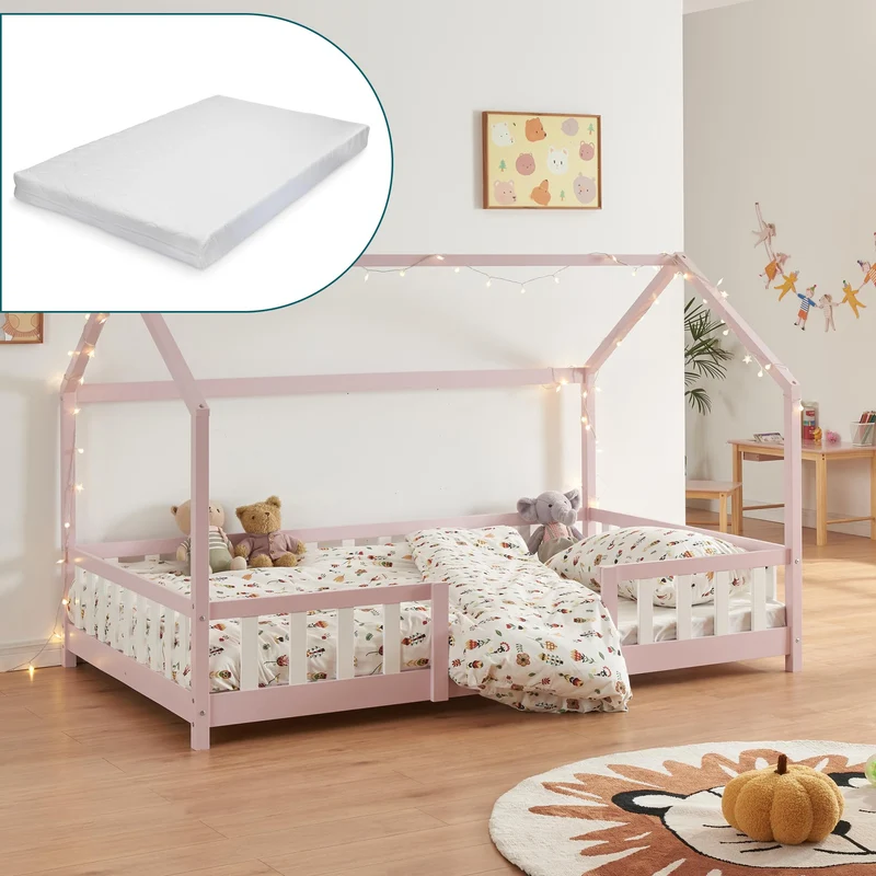 [en.casa] Kinderbett Montessori Hausbett Kiefernholz mit Rausfallschutz und Lattenrost für Kinder Bodenbett Weißh