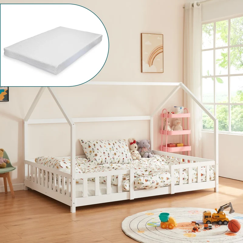 [en.casa] Kinderbett Montessori Hausbett Kiefernholz mit Rausfallschutz und Lattenrost für Kinder Bodenbett Weißh