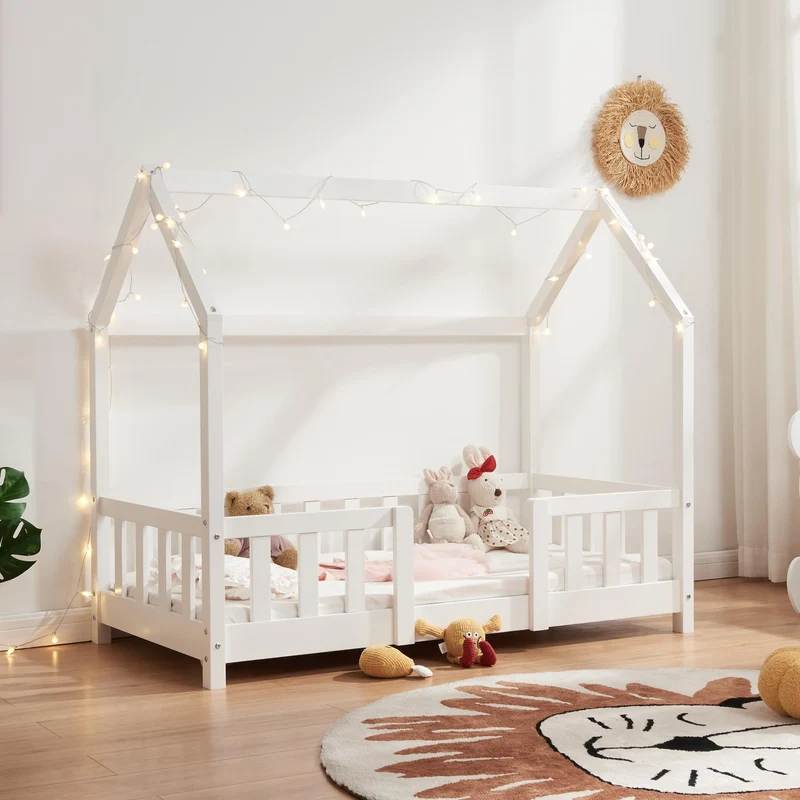 [en.casa] Kinderbett Montessori Hausbett Kiefernholz mit Rausfallschutz und Lattenrost für Kinder Bodenbett Weißh