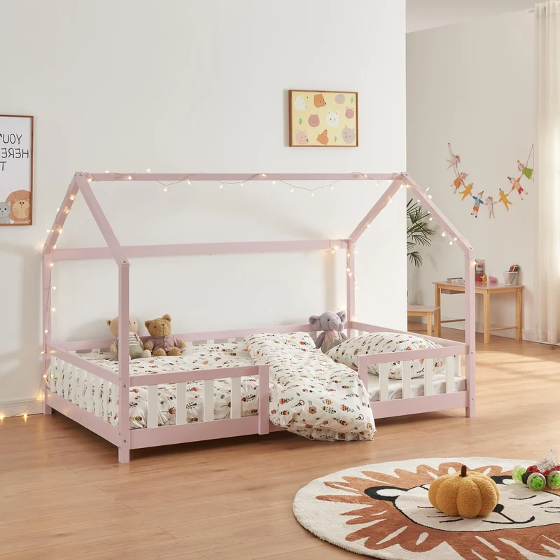 [en.casa] Kinderbett Montessori Hausbett Kiefernholz mit Rausfallschutz und Lattenrost für Kinder Bodenbett Weißh