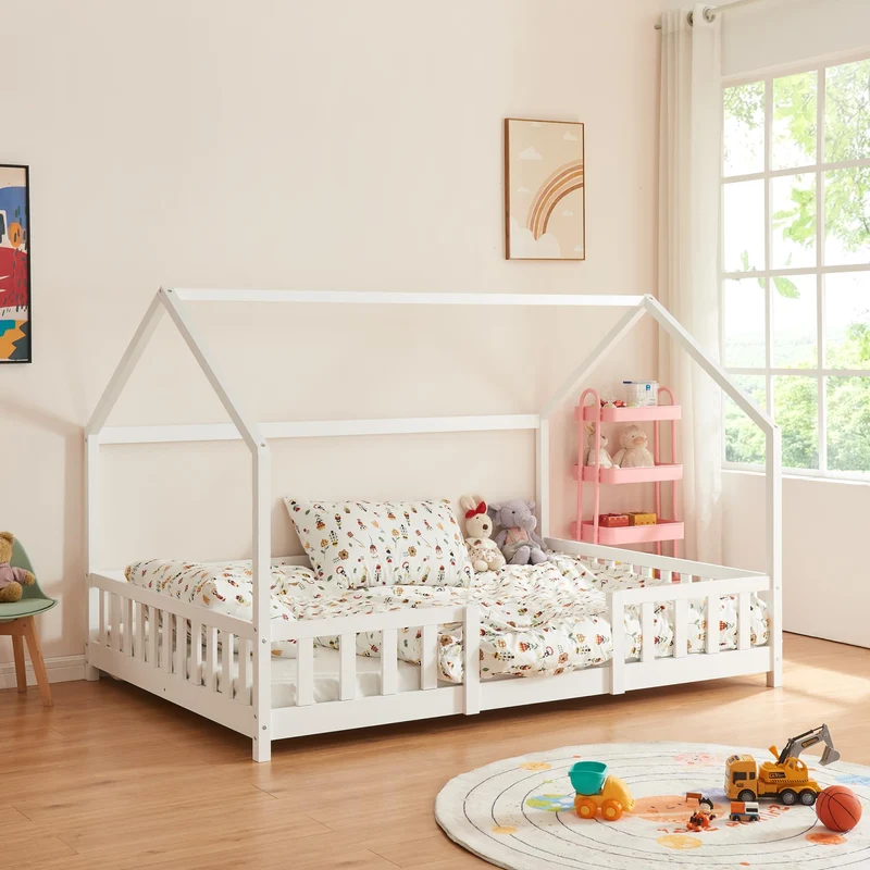 [en.casa] Kinderbett Montessori Hausbett Kiefernholz mit Rausfallschutz und Lattenrost für Kinder Bodenbett Weißh