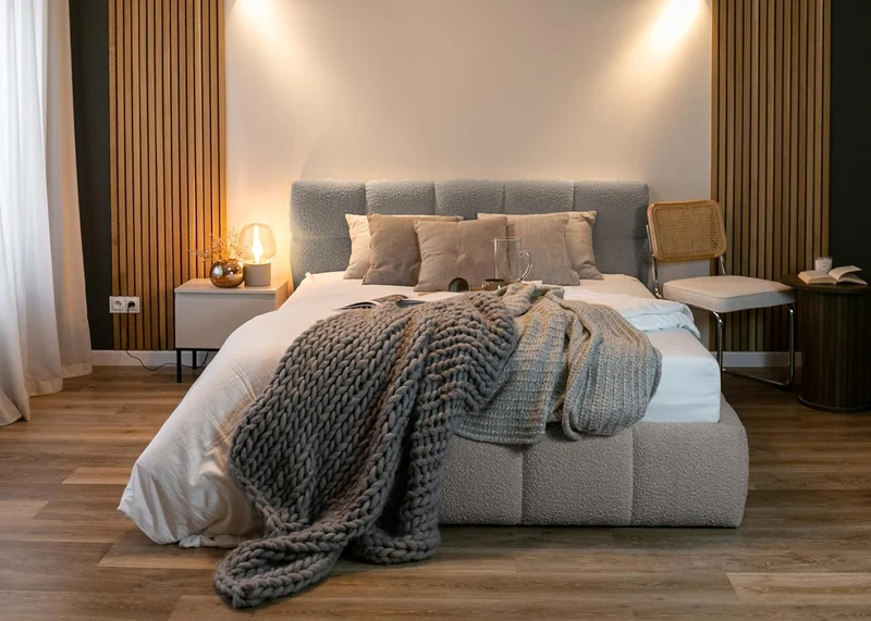 Selsey Polsterbett mit Holzrahmen | Modernes Doppelbett | Bouclé Stoff, Stabil & Langlebigh