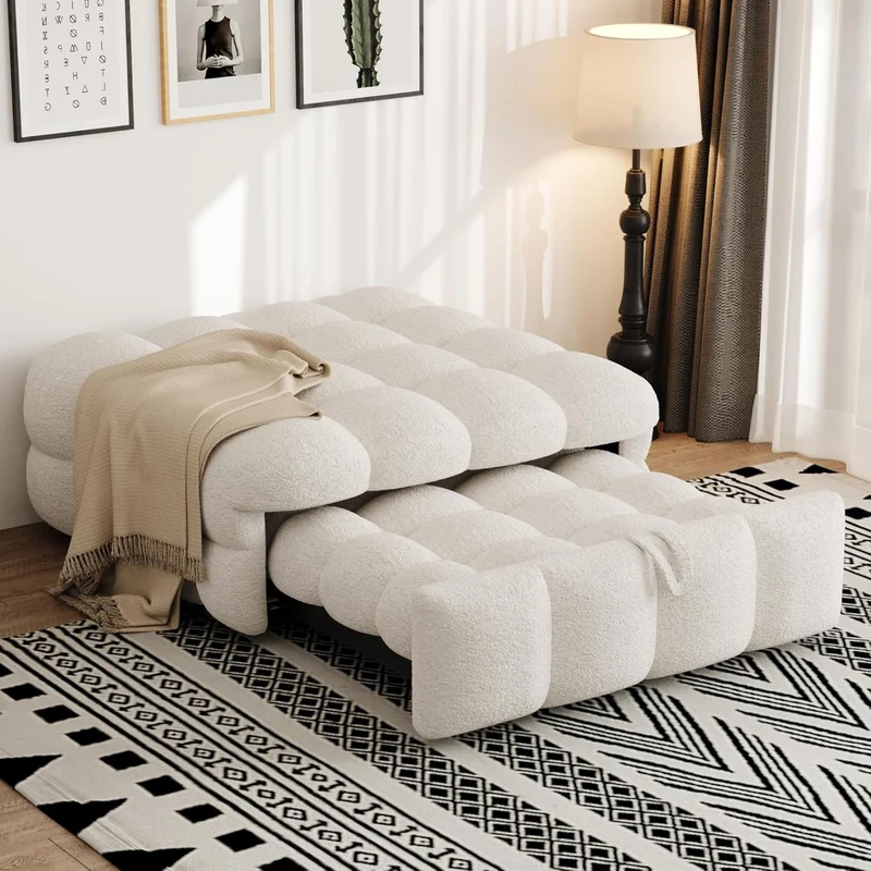 MOBETTRES Polsterbett 2-in-1 Beige – Ausziehbares Schlafsofa & Fußhocker, Teddy-Samtstoff, Einzelbetth