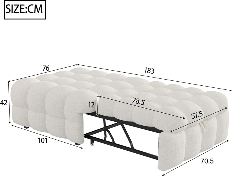 MOBETTRES Polsterbett 2-in-1 Beige – Ausziehbares Schlafsofa & Fußhocker, Teddy-Samtstoff, Einzelbetth