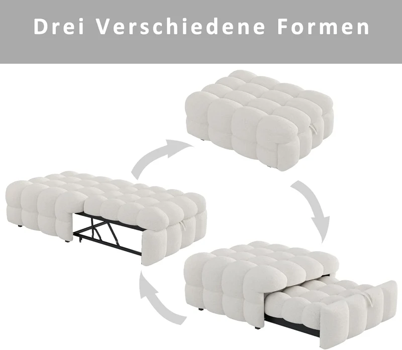 MOBETTRES Polsterbett 2-in-1 Beige – Ausziehbares Schlafsofa & Fußhocker, Teddy-Samtstoff, Einzelbetth