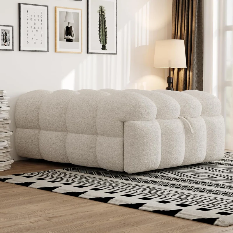 MOBETTRES Polsterbett 2-in-1 Beige – Ausziehbares Schlafsofa & Fußhocker, Teddy-Samtstoff, Einzelbetth