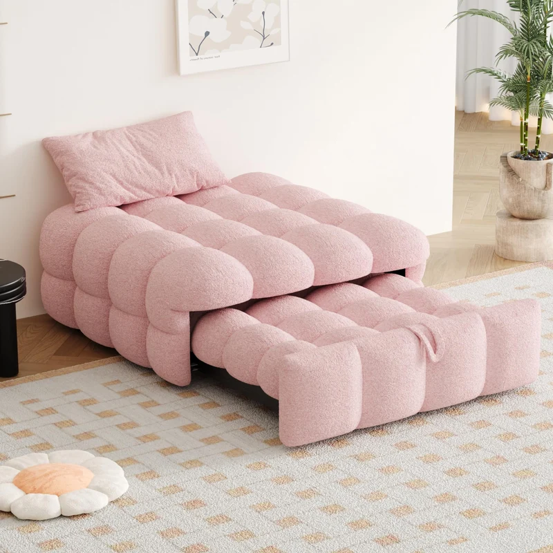 MOBETTRES Polsterbett 2-in-1 Beige – Ausziehbares Schlafsofa & Fußhocker, Teddy-Samtstoff, Einzelbetth