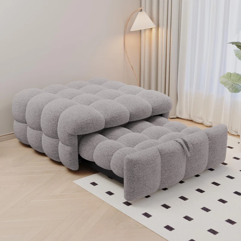 MOBETTRES Polsterbett 2-in-1 Beige – Ausziehbares Schlafsofa & Fußhocker, Teddy-Samtstoff, Einzelbetth