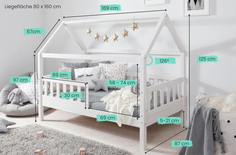 TiCAA Kinderbett Hausbett Montessori Bodenbett aus Massivholz mit Rausfallschutzh