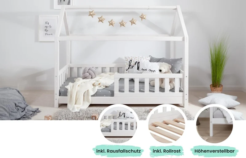 TiCAA Kinderbett Hausbett Montessori Bodenbett aus Massivholz mit Rausfallschutzh