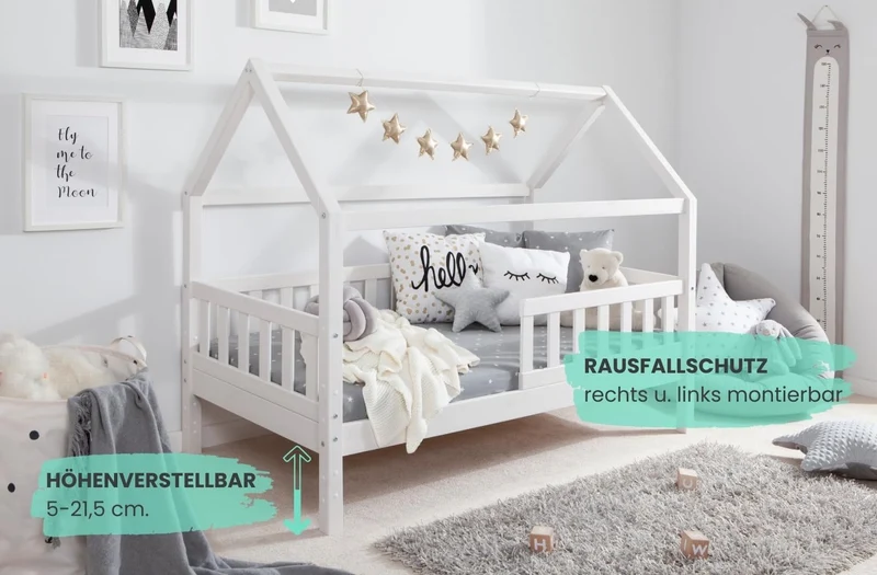 TiCAA Kinderbett Hausbett Montessori Bodenbett aus Massivholz mit Rausfallschutzh