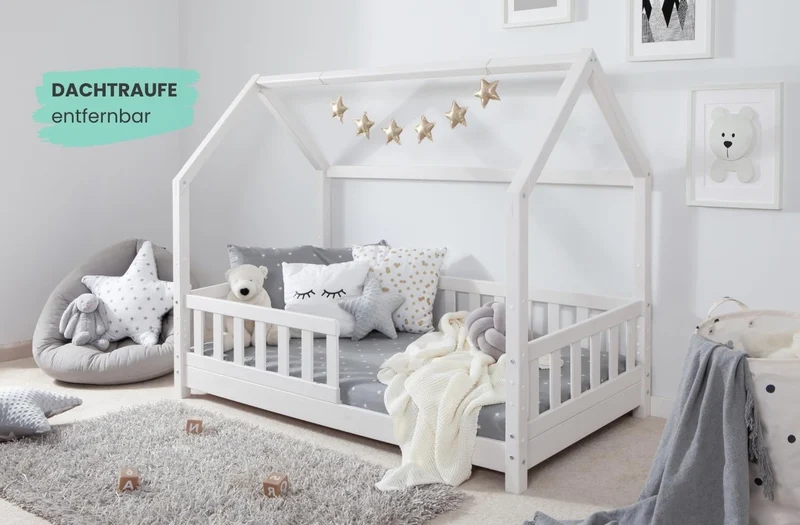 TiCAA Kinderbett Hausbett Montessori Bodenbett aus Massivholz mit Rausfallschutzh