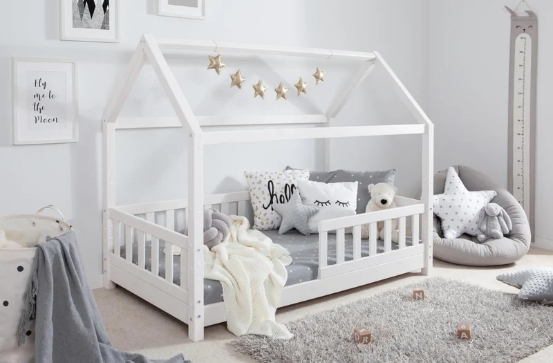 TiCAA Kinderbett Hausbett Montessori Bodenbett aus Massivholz mit Rausfallschutzh