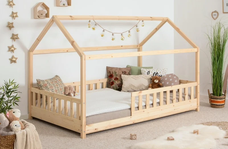 TiCAA Kinderbett Hausbett Montessori Bodenbett aus Massivholz mit Rausfallschutzh