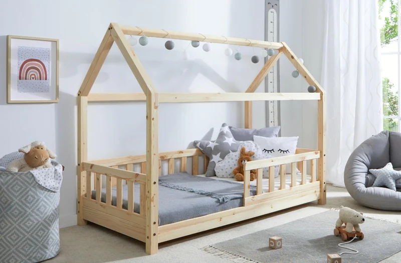 TiCAA Kinderbett Hausbett Montessori Bodenbett aus Massivholz mit Rausfallschutzh