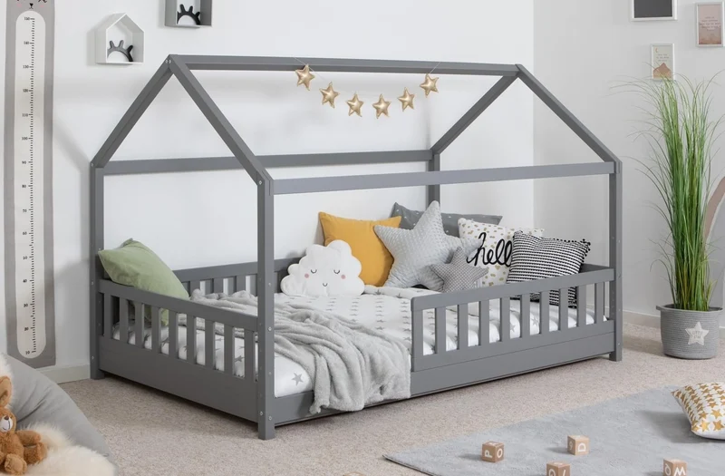 TiCAA Kinderbett Hausbett Montessori Bodenbett aus Massivholz mit Rausfallschutzh