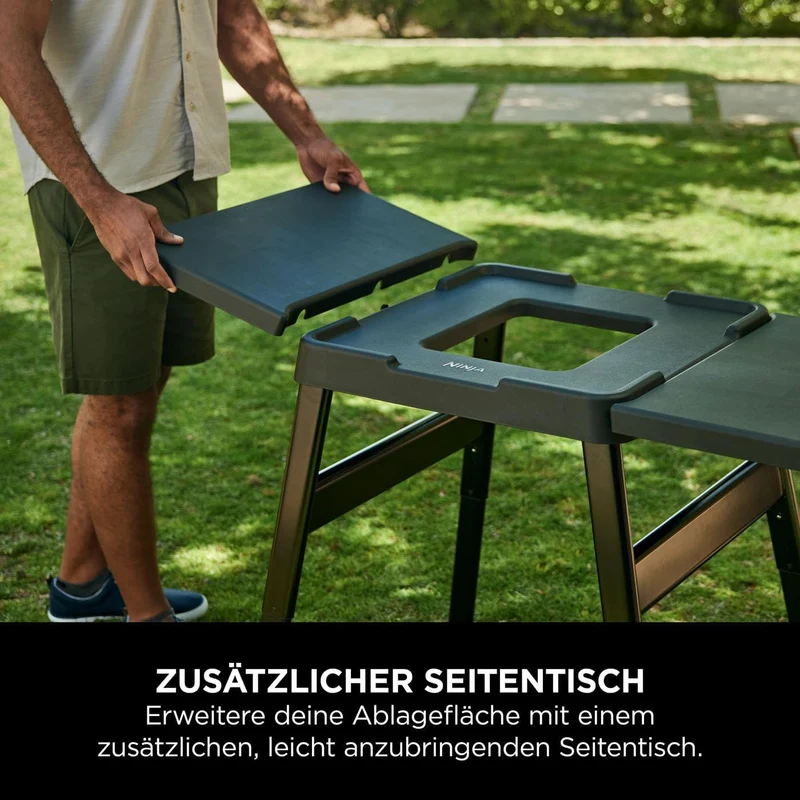 Ninja Woodfire Grillständer mit Beistelltisch – Verstellbarer Outdoor-Tisch für Elektrogrill & Pizzaofen, Schwarzh