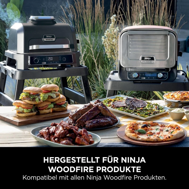 Ninja Woodfire Grillständer mit Beistelltisch – Verstellbarer Outdoor-Tisch für Elektrogrill & Pizzaofen, Schwarzh