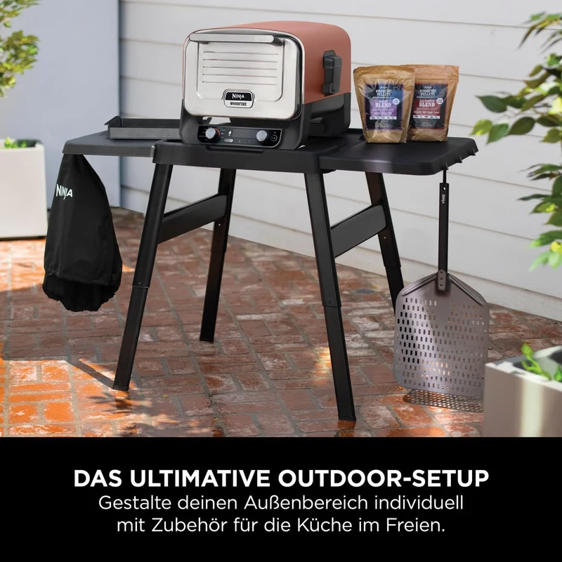 Ninja Woodfire Grillständer mit Beistelltisch – Verstellbarer Outdoor-Tisch für Elektrogrill & Pizzaofen, Schwarzh