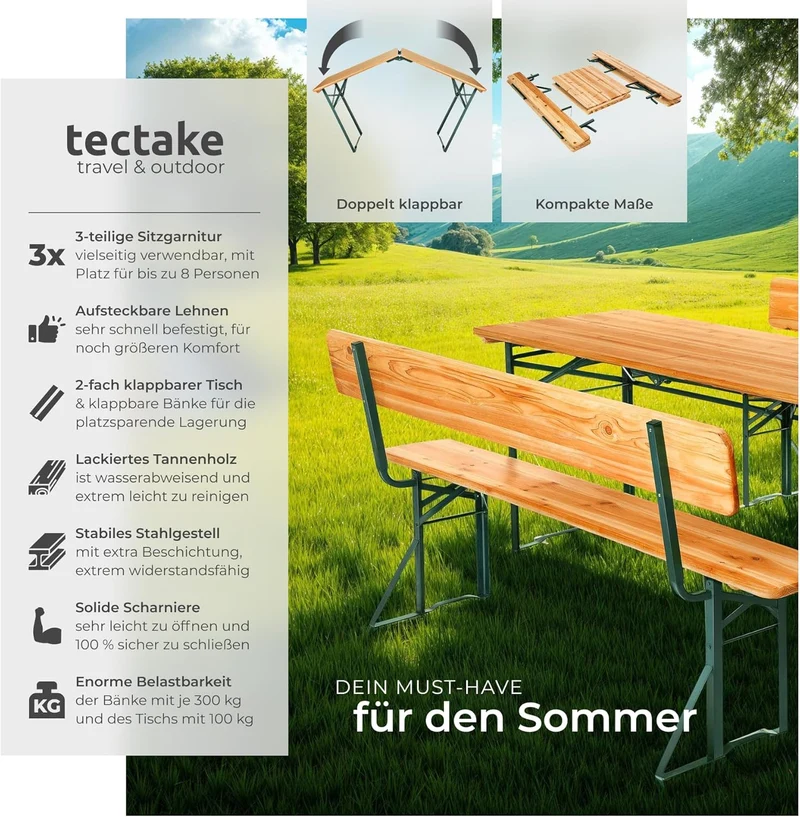 tectake Bierzeltgarnitur mit Lehne – Klappbares Gartenmöbel Set aus Holz & Stahl für bis zu 8 Personenh