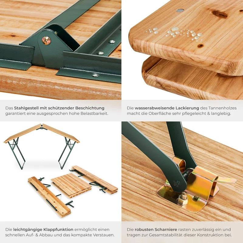 tectake Bierzeltgarnitur mit Lehne – Klappbares Gartenmöbel Set aus Holz & Stahl für bis zu 8 Personenh