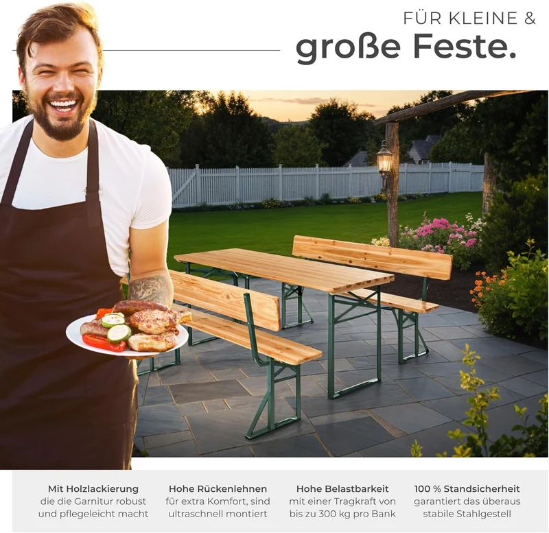 tectake Bierzeltgarnitur mit Lehne – Klappbares Gartenmöbel Set aus Holz & Stahl für bis zu 8 Personenh