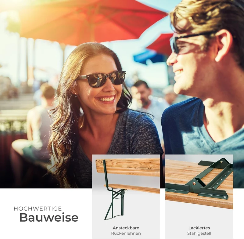 tectake Bierzeltgarnitur mit Lehne – Klappbares Gartenmöbel Set aus Holz & Stahl für bis zu 8 Personenh