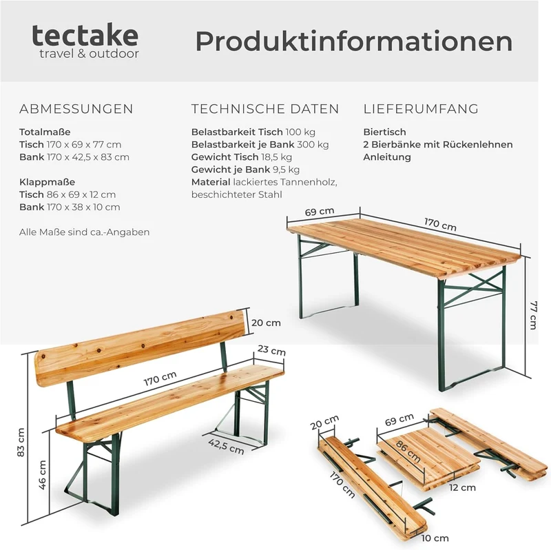 tectake Bierzeltgarnitur mit Lehne – Klappbares Gartenmöbel Set aus Holz & Stahl für bis zu 8 Personenh
