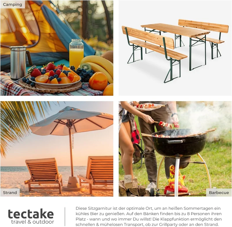 tectake Bierzeltgarnitur mit Lehne – Klappbares Gartenmöbel Set aus Holz & Stahl für bis zu 8 Personenh