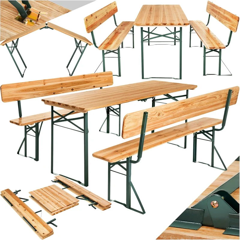 tectake Bierzeltgarnitur mit Lehne – Klappbares Gartenmöbel Set aus Holz & Stahl für bis zu 8 Personenh