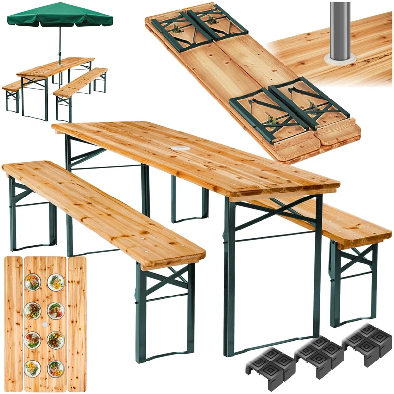 tectake Bierzeltgarnitur mit Lehne – Klappbares Gartenmöbel Set aus Holz & Stahl für bis zu 8 Personenh