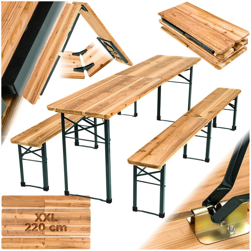 tectake Bierzeltgarnitur mit Lehne – Klappbares Gartenmöbel Set aus Holz & Stahl für bis zu 8 Personenh