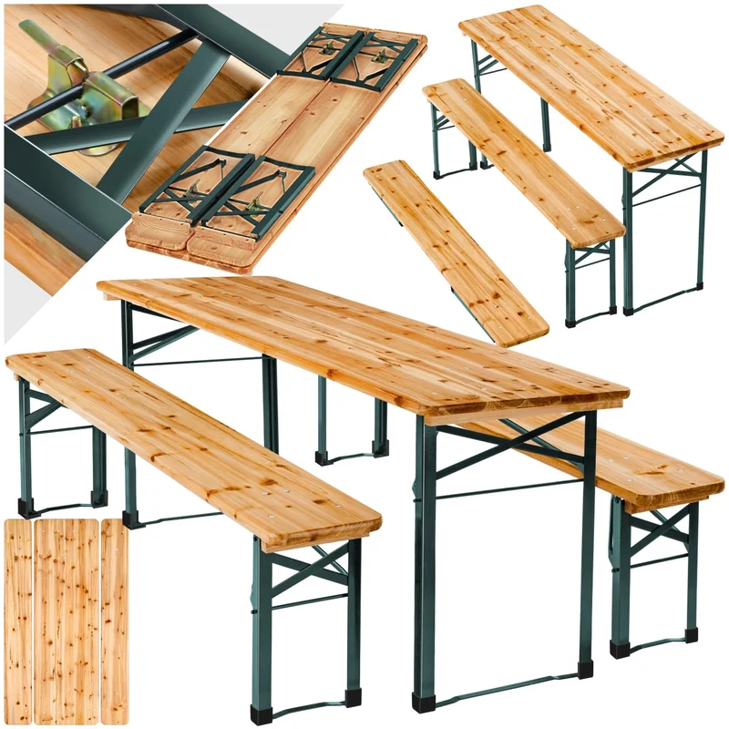 tectake Bierzeltgarnitur mit Lehne – Klappbares Gartenmöbel Set aus Holz & Stahl für bis zu 8 Personenh