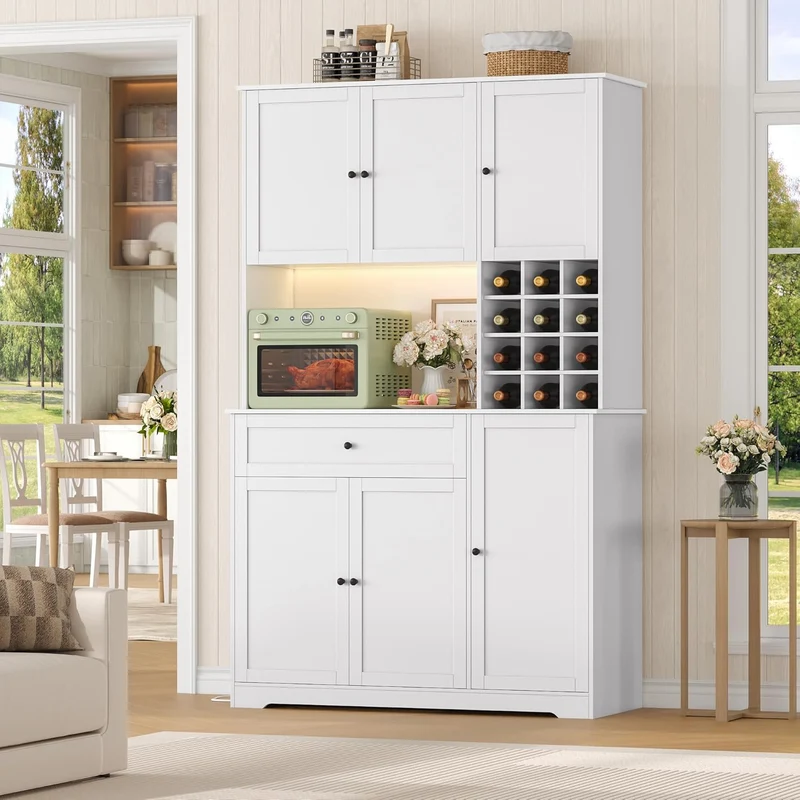 FirFurd Küchenschrank 180 cm mit LED, Steckdosenleiste & Weinregal – Buffetschrank mit Arbeitsplatte, Sideboard für Küche & Kaffeebarh