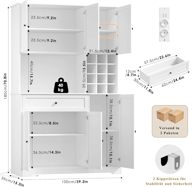 FirFurd Küchenschrank 180 cm mit LED, Steckdosenleiste & Weinregal – Buffetschrank mit Arbeitsplatte, Sideboard für Küche & Kaffeebarh