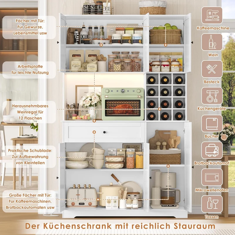 FirFurd Küchenschrank 180 cm mit LED, Steckdosenleiste & Weinregal – Buffetschrank mit Arbeitsplatte, Sideboard für Küche & Kaffeebarh