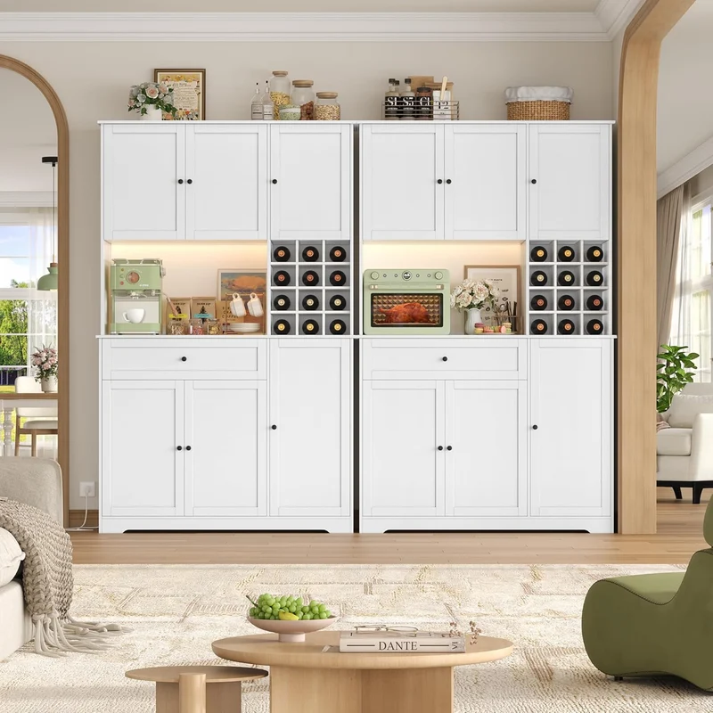 FirFurd Küchenschrank 180 cm mit LED, Steckdosenleiste & Weinregal – Buffetschrank mit Arbeitsplatte, Sideboard für Küche & Kaffeebarh