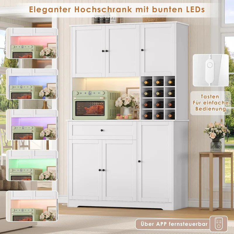 FirFurd Küchenschrank 180 cm mit LED, Steckdosenleiste & Weinregal – Buffetschrank mit Arbeitsplatte, Sideboard für Küche & Kaffeebarh