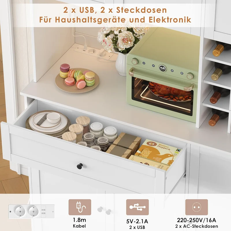 FirFurd Küchenschrank 180 cm mit LED, Steckdosenleiste & Weinregal – Buffetschrank mit Arbeitsplatte, Sideboard für Küche & Kaffeebarh