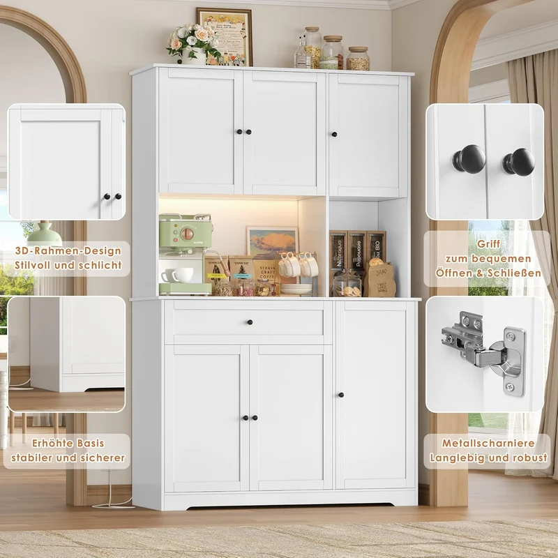 FirFurd Küchenschrank 180 cm mit LED, Steckdosenleiste & Weinregal – Buffetschrank mit Arbeitsplatte, Sideboard für Küche & Kaffeebarh