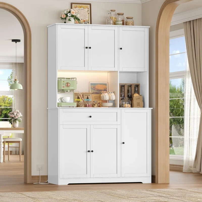FirFurd Küchenschrank 180 cm mit LED, Steckdosenleiste & Weinregal – Buffetschrank mit Arbeitsplatte, Sideboard für Küche & Kaffeebarh