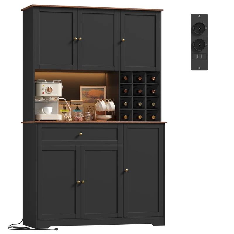 FirFurd Küchenschrank 180 cm mit LED, Steckdosenleiste & Weinregal – Buffetschrank mit Arbeitsplatte, Sideboard für Küche & Kaffeebarh