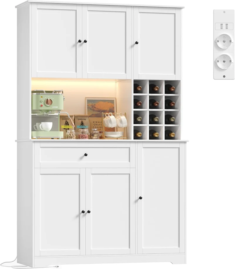 FirFurd Küchenschrank 180 cm mit LED, Steckdosenleiste & Weinregal – Buffetschrank mit Arbeitsplatte, Sideboard für Küche & Kaffeebarh