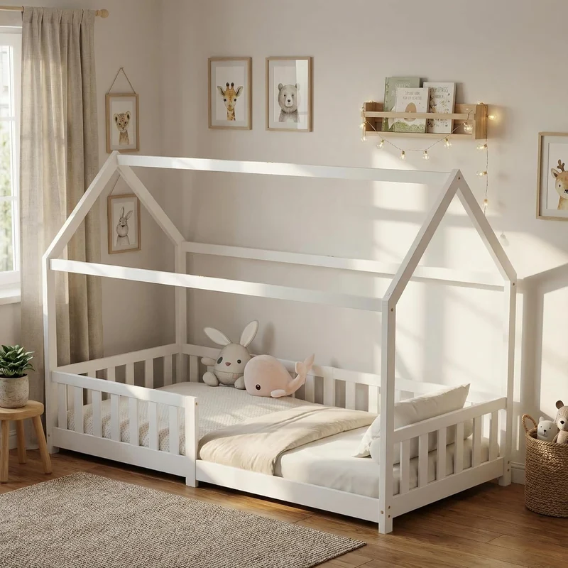 ecomi Montessori Hausbett Kinder aus Kiefernholz mit Rausfallschutz & Lattenrosth
