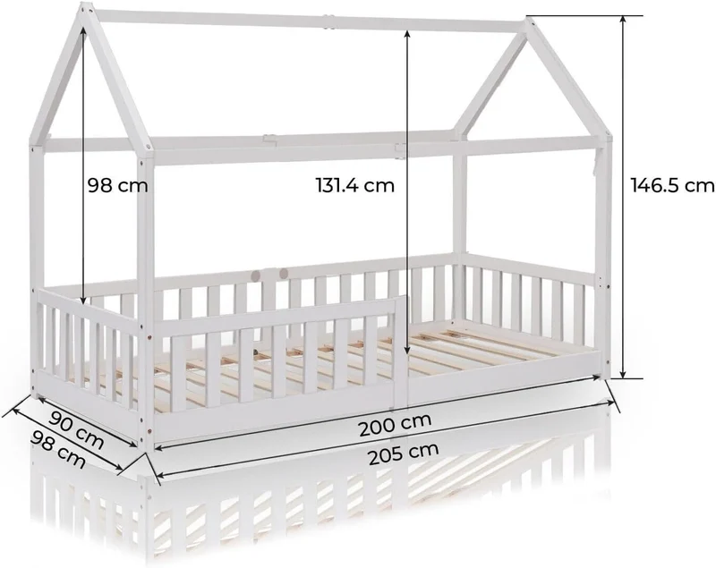 ecomi Montessori Hausbett Kinder aus Kiefernholz mit Rausfallschutz & Lattenrosth