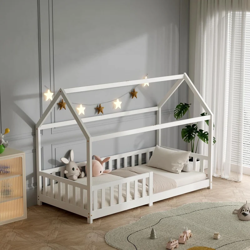 ecomi Montessori Hausbett Kinder aus Kiefernholz mit Rausfallschutz & Lattenrosth